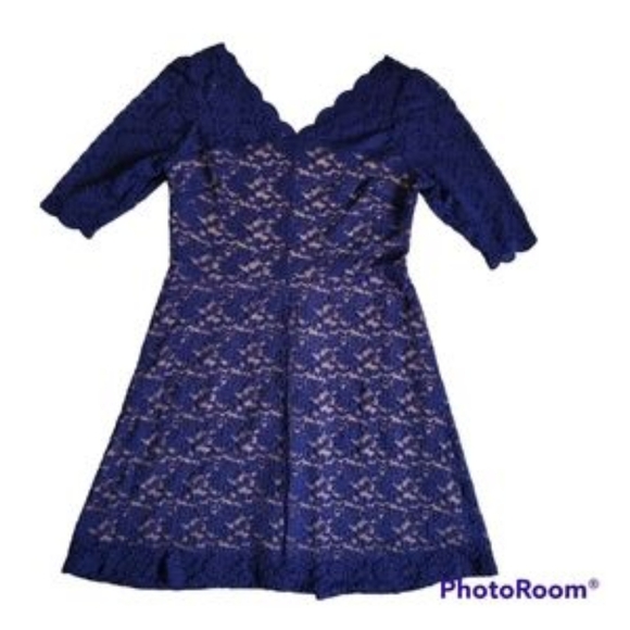 NWOT Dress Barn Blue 3/4 Sleeve Lined Lace Overlay Scalloped Blue Nude Dress 14 - Picture 1 of 10